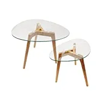 home deco factory hd3212 tables gigognes verre trempe transparent resistant galet bois deco moderne salon, 60 x 45 x 43 cm