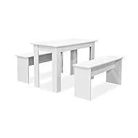 vidaxl table de salle à manger et bancs 3 pcs mobilier à dîner mobilier de cuisine meubles de salle à manger maison intérieur aggloméré blanc