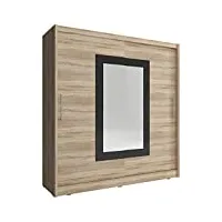 meublo armoire de chambre avec 2 portes coulissantes | armoire avec miroir | penderie (tringle) avec étagères | style contemporain (l x h x p): 200x214x62 kuba 2 (sonoma, 200 cm)