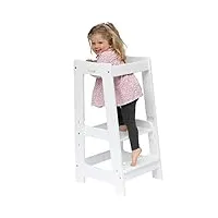 stepup baby tour d'apprentissage tabouret enfant montessori avec petite marche | chaise haute | hauteur ajustable | rail de sécurité | pour enfants de 18 mois à 5 ans - blanc