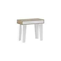 skraut home | table console extensible jusqu'à 140 cm | 3 positions différentes | dimensions fermées : 79 x 90 x 52 cm | modèle kl nordic | finition en chêne brossé et blanc mat