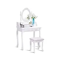 costway coiffeuse table de maquillage avec miroir et tabouret et 4 tiroirs 75 x 40 x 145 cm blanc
