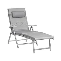 songmics chaise longue, bain de soleil avec matelas d une épaisseur de 6 cm, appui-tête amovible, en alu anti-rouille, respirant, inclinable, charge max 150 kg, gris gcb24gy