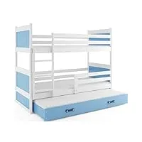 interbeds lit superposé rico 3 places 190x90 avec matelas sommiers et tiroir-lit en blanc (blanc+bleu)