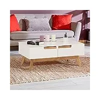 idimex table basse tibor style scandinave design vintage nordique table de salon rectangulaire avec 2 tiroirs et 2 niches, en pin massif lasuré blanc, dim (lx h x p) : 90 x 36 x 60 cm