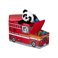 relaxdays tabouret coffre boîte à jouets couvercle pouf enfant pliable auto 50 litres, voiture pompier rouge, polyester, fire truck, 33 x 27 x 56 cm