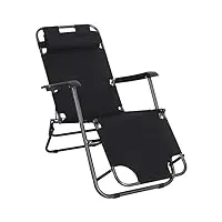 outsunny chaise longue inclinable transat bain de soleil fauteuil relax jardin 2 en 1 pliant têtière amovible charge max. 136 kg toile oxford facile d'entretien noir