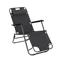 outsunny chaise longue inclinable transat bain de soleil fauteuil relax jardin 2 en 1 pliant têtière amovible charge max. 136 kg toile oxford facile d'entretien gris