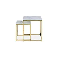 ac design furniture antje lot de 2 tables d'appoint en verre aspect marbre blanc avec pieds en métal doré, h : 50 x l : 45 x p : 45 cm