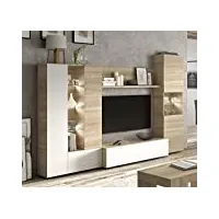 dmora - paroi aménagée raleigh, meuble tv modulable pour le salon, composition pour salon avec éléments hauts et vitrines avec lumière led, cm 260x42h185, chêne et blanc