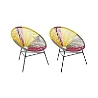 set 2 chaises fauteuils spaghetti en rotin jaune rose et acier design tendance pour chambre salon terrasse ou jardin moderne et industriel beliani
