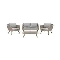 salon de terrasse jardin 4 places table basse canapé et 2 fauteuils rotin marron avec coussins gris clair matières durables et design moderne beliani