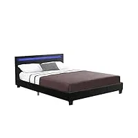 juskys lit rembourré verona, lit avec sommier à lattes, tête de lit et éclairage led, cadre de lit moderne avec revêtement en similicuir noir (noir) (120x200cm)