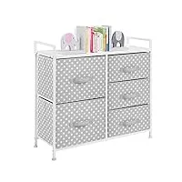 mdesign commode à 5 tiroirs – meuble à tiroirs large pour la chambre d'enfant – rangement vêtements avec motif à pois en métal, mdf et tissu – gris/blanc