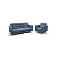meublo ensemble: canapé convertible et fauteuil 3+1 tissu au touche agreable pieds en bois pour le salon scarlett (bleu)