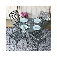 lazy susan table de jardin ronde anna en gris ardoise, 4 chaises modèle april, 4 coussins verts, fonte d'aluminium, résistant aux intempéries, sans entretien