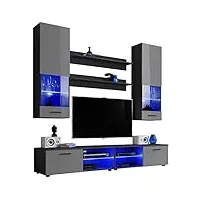 extremefurniture vida meuble tv, carcasse en noir mat/façade en gris brillant + led bleues