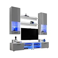 extremefurniture vida meuble tv, carcasse en blanc mat/façade en gris brillant + led bleues