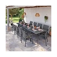 table de jardin extensible aluminium 220/320cm + 10 fauteuils empilables textilène gris anthracite - andra xl.