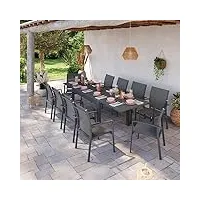 table de jardin extensible aluminium 135/270cm + 10 fauteuils empilables textilène gris anthracite - andra.