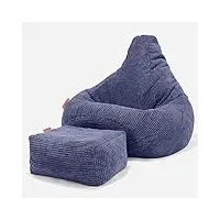 lounge pug, pouf fauteuil gamer avec repose-pied, poire, pompon violet