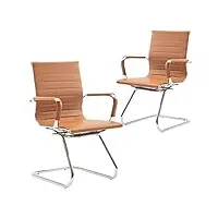 wahson chaise de bureau reunion, chaises réception cuir fauteuil de bureau ergonomique avec accoudoirs chromés, chaise visiteur lot de 2 marron