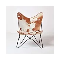 homescapes fauteuil papillon en cuir véritable peau de vache et métal, chaise en cuir vintage, fauteuil rétro, marron et blanc, 88 x 77 cm