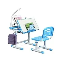 costway bureau enfant ensemble table et chaise pour enfants avec lampe hauteur réglable plaque de table inclinable pour etude travail charge max 80kg (bleu)
