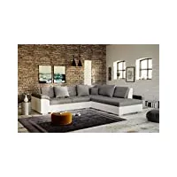 canapé d'angle tanos design avec assise en tissu et contour en simili cuir (angle droit, gris et blanc)