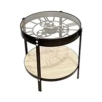 home deco factory hd6446 table basse d'appoint ronde horloge noir beige et transparent métal bois et verre petit modèle d40,5 x h39 cm