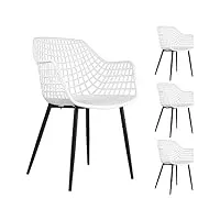 idimex lot de 4 chaises lucia pour salle à manger ou cuisine au design retro avec accoudoirs, coque en plastique blanc et 4 pieds en métal laqué noir