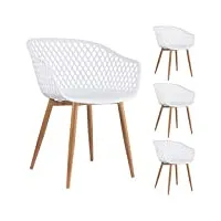 idimex lot de 4 chaises madeira pour salle à manger ou cuisine au design retro avec accoudoirs, coque en plastique blanc et 4 pieds en métal décor bois