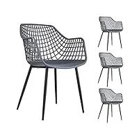 idimex lot de 4 chaises lucia pour salle à manger ou cuisine au design retro avec accoudoirs, coque en plastique gris et 4 pieds en métal laqué noir