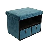 home deco factory hd6384 banc pliable tiroir x2 velours a motif bleu, textile-polyester bois-mdf, 50 x 38 x 38 cm