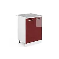 vicco meuble bas de cuisine r-line, rouge bordeaux haute brillance/blanc, 60 cm avec plan de travail