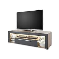 stella trading goal banc tv en chêne artisan, gris avec éclairage led - meubles tv de haute qualité avec beaucoup d'espace de rangement pour votre salon - 153 x 44 x 44 cm