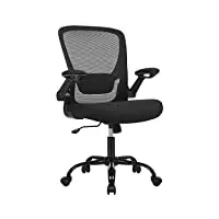 songmics chaise bureau ergonomique en toile, fauteuil, support lombaire rembourré, mécanisme à bascule, assise large de 53 cm, accoudoirs rabattables, noir obn37bk
