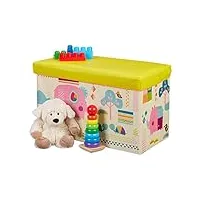 relaxdays tabouret coffre boîte à jouets couvercle pouf enfant pliable rangement fille garçon animal 50l, jaune, 36 x 60,5 x 30,5 cm