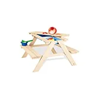 pinolino ensemble de table et bancs 'matsch-nicki pour 4', naturel; massif : bois de conifère, non traité, 2 bancs avec 1 table, 2 bacs en plastique, pour enfants à partir de 2 ans