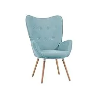 meuble cosy grand fauteuil au style scandinave avec un revêtement en tissu vert, des accoudoirs rembourés et des pieds en bois massif (hêtre)