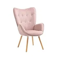 meuble cosy grand fauteuil au style scandinave avec un revêtement en tissu rose, des accoudoirs rembourés et des pieds en bois massif (hêtre), rose tissu, unique
