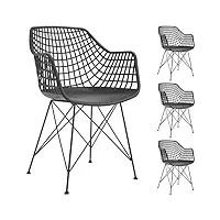 idimex lot de 4 chaises alicante pour salle à manger ou cuisine au design retro avec accoudoirs, coque en plastique noir et 4 pieds croisé en métal laqué noir