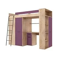 furniturebyjdm lit mezzanine avec bureau, armoire et bibliothèque - verana gauche - (chêne sonoma - violet)