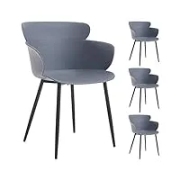 idimex lot de 4 chaises catch pour salle à manger ou cuisine au design retro avec larges accoudoirs, coque en plastique gris et 4 pieds en métal laqué noir