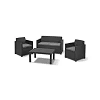 keter allibert by merano ensemble de meubles de jardin en plastique avec coussins, gris, 4 pièces, 2 fauteuils, canapé et table, pour jardin et terrasse, aspect rotin plat