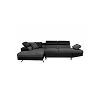 loungitude - canapé d'angle convertible 5 places avec coffre de rangement en tissu et simili - noir/gris foncé