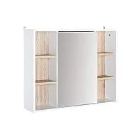 homcom miroir de salle de bain avec placard et étagères - 4 étagères latérales + 2 étagères intérieures - mdf panneaux particules blanc chêne clair