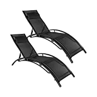 tectake® set de 2 chaise longue bain de soleil jardin exterieur avec appuie-tête chaise longue inclinable sun lounger transat de plage relax jardin camping salon de jardin exterieur - noir