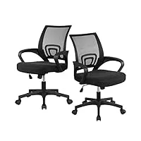 yaheetech lot de 2 chaises bureau à roulettes pivotante maille fauteuil de bureau inclinables ergonomique noir avec grand siège 52,5 x 51 x 6,5 cm