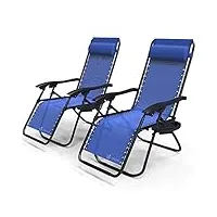 vounot lot de 2 chaise longue inclinable avec support de gobelet amovible chaise de jardin pliable en textilène chaise longue avec rembourrage de tête amovible charge max 120kg fauteuil relax bleu
